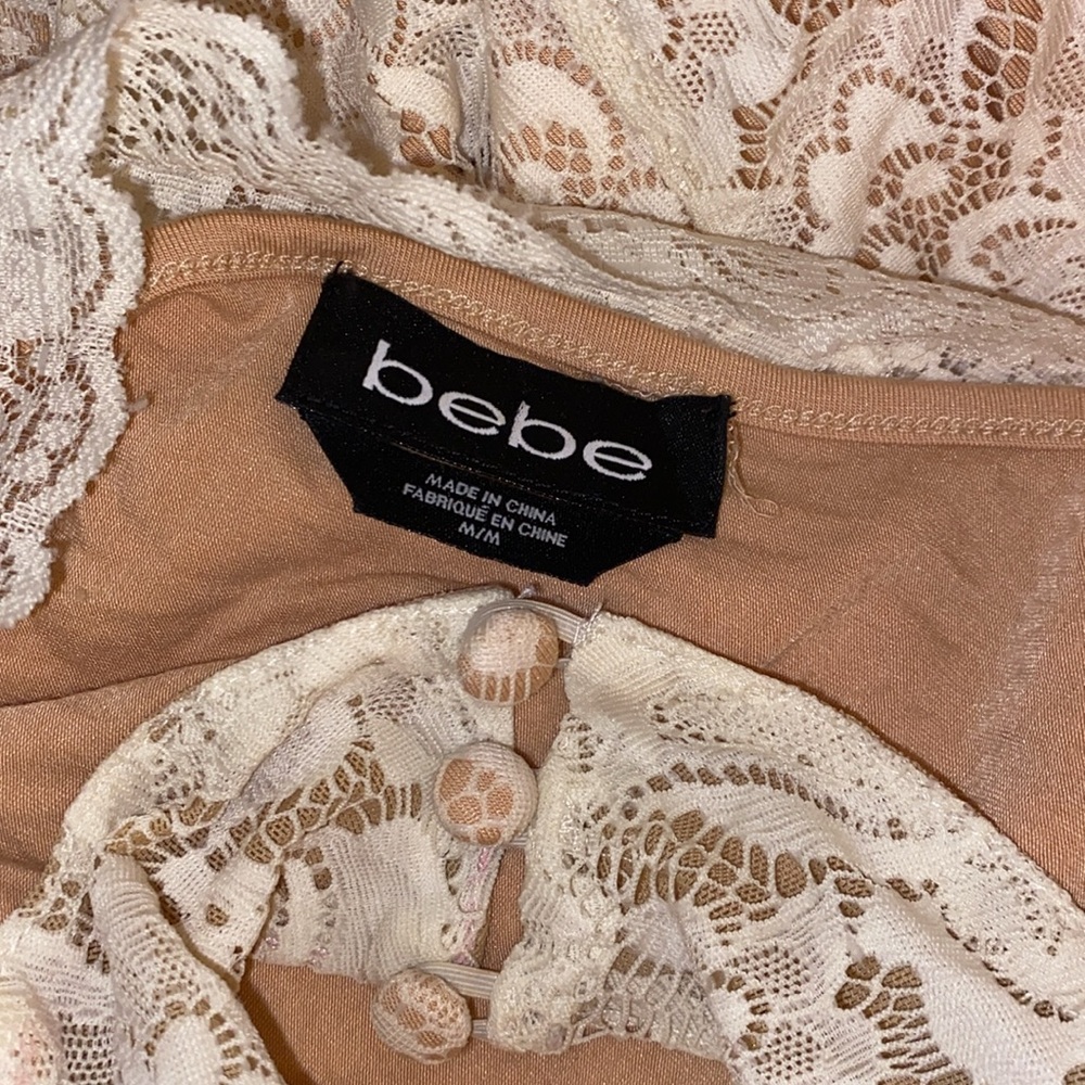 BEBE Cream Floral Lace Choker Mock Neck Mini Dress - Picture 10 of 12